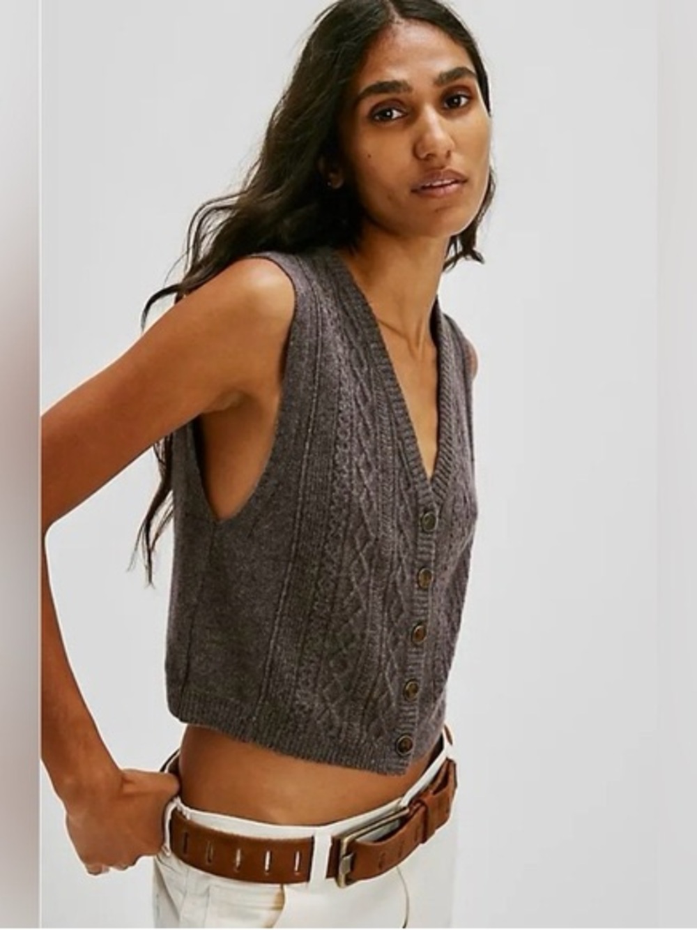 Free People Beatrice 100% Cashmere Cable Knit Button-Front Vest in Plum Truffle